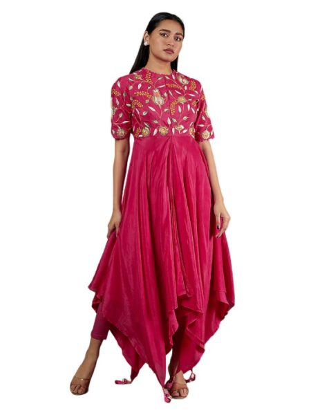Pink Embroidered Asymmetrical Kurta