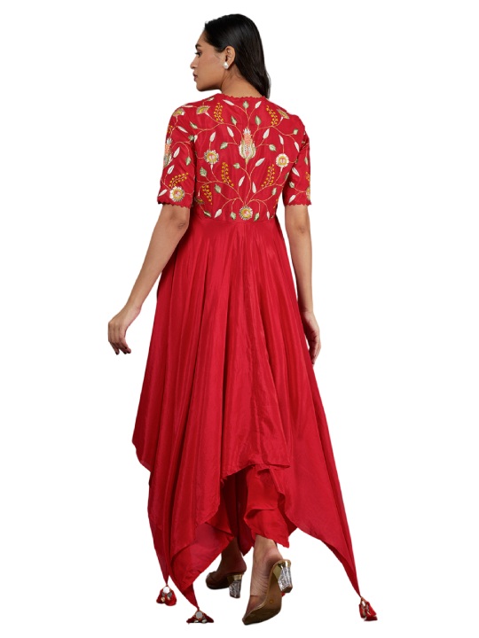 Red Embroidered Asymmetrical Kurta