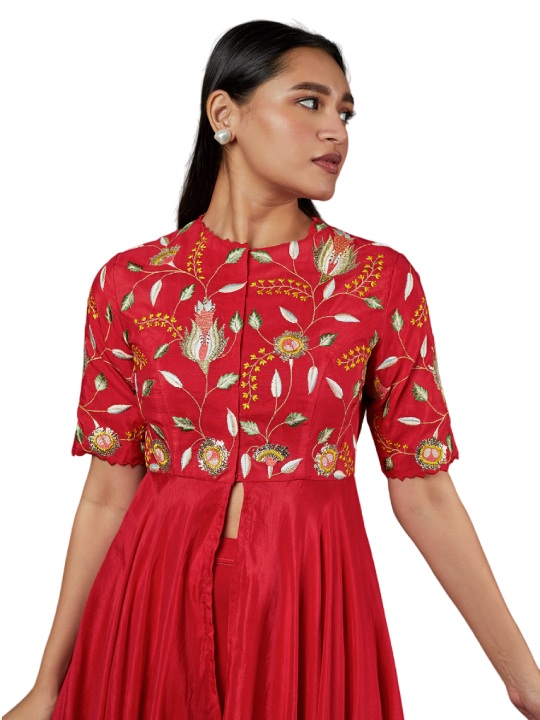 Red Embroidered Asymmetrical Kurta