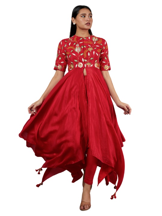 Red Embroidered Asymmetrical Kurta