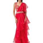Red Georgette & Organza Embroidered Draped Ruffles Saree Set