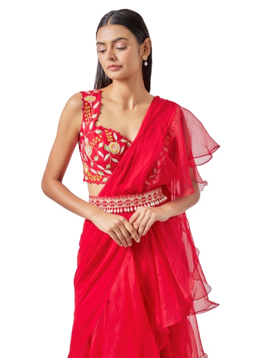 Red Georgette & Organza Embroidered Draped Ruffles Saree Set