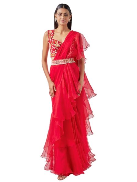 Red Georgette & Organza Embroidered Draped Ruffles Saree Set