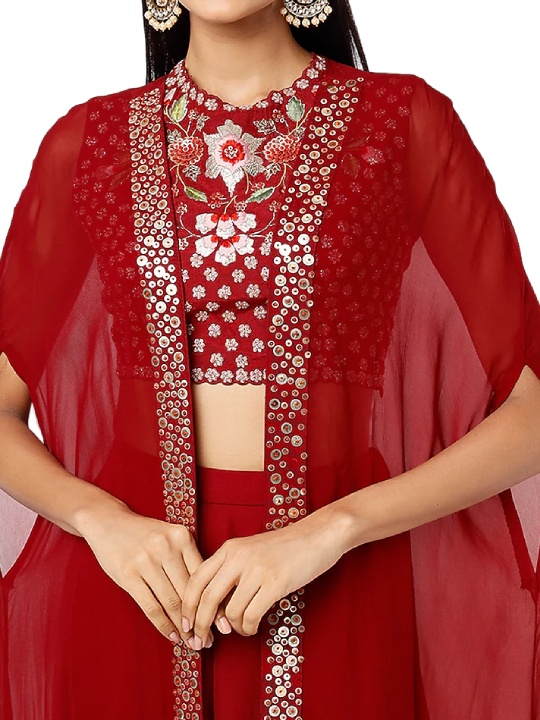 Red Hand Embroidered Cape Set