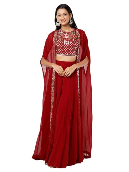 Red Hand Embroidered Cape Set