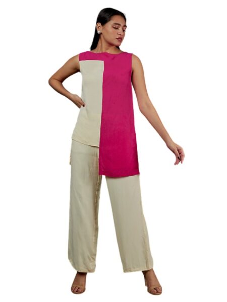 White & Pink Color Blocking Co-Ord Set