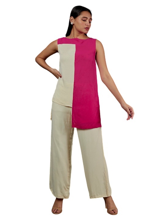 White & Pink Color Blocking Co-Ord Set