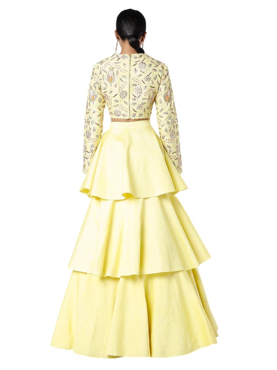 Yellow Embroidered Layered Lehenga Set