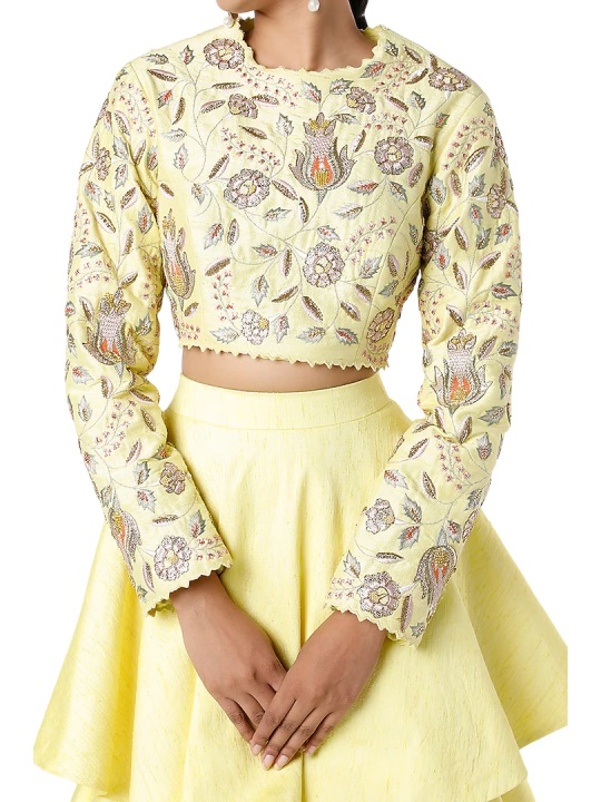 Yellow Embroidered Layered Lehenga Set