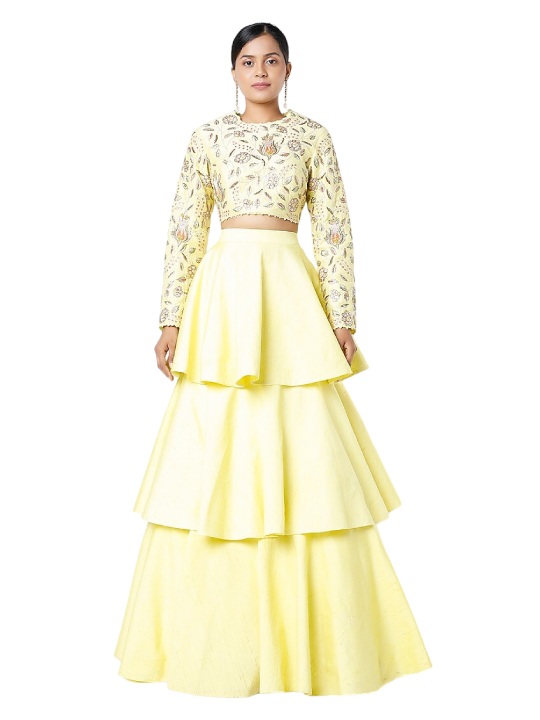 Yellow Embroidered Layered Lehenga Set
