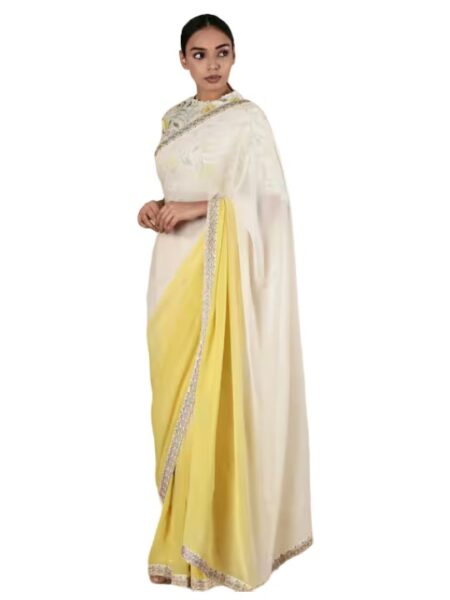 Ivory Embroidered Ombre Hem Saree With Blouse