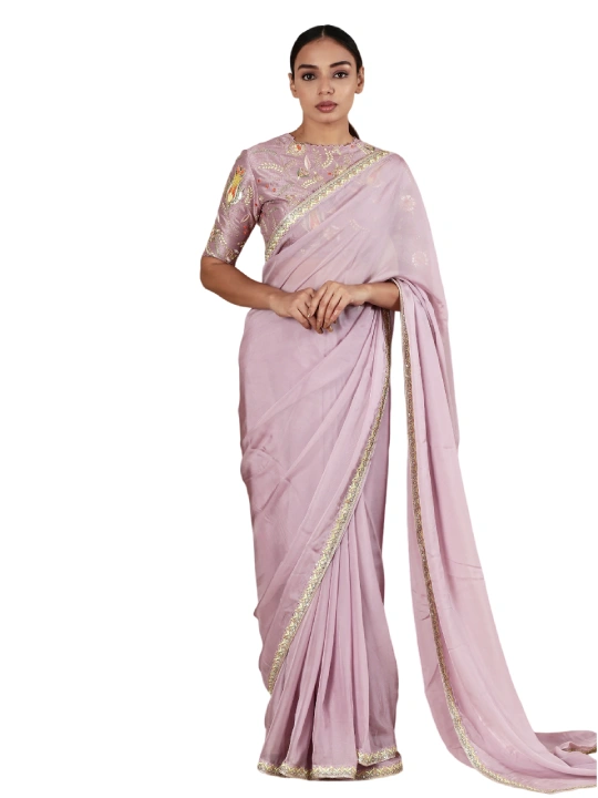 Mauve Embroidered Thread Work Hem Saree With Blouse