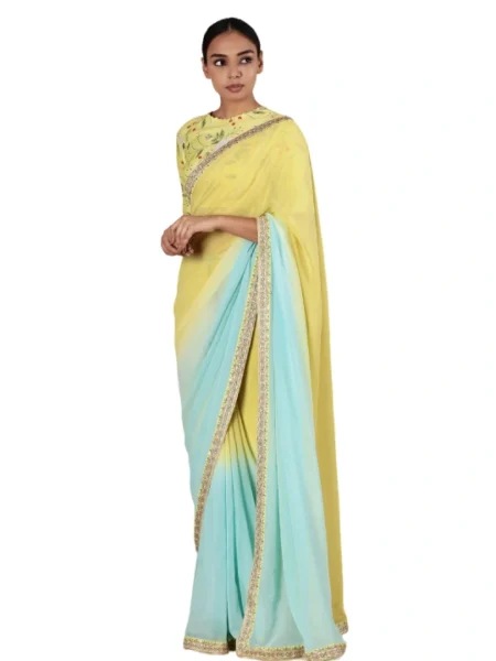 Yellow Embroidered Ombre Hem Saree With Blouse