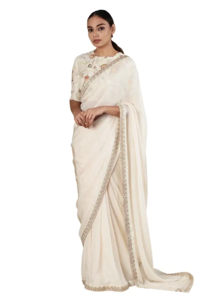 ivory Embroidered Thread Work Hem Saree With Blouse