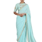 light blue Embroidered Thread Work Hem Saree With Blouse