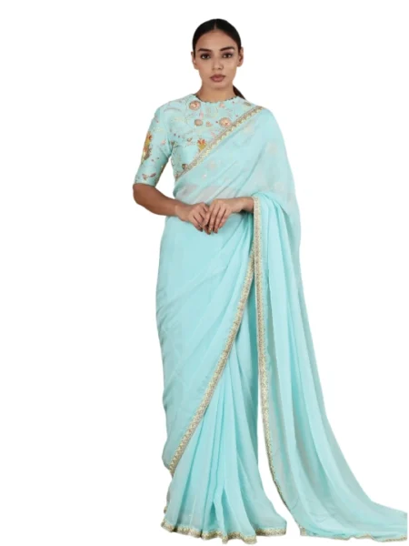 light blue Embroidered Thread Work Hem Saree With Blouse