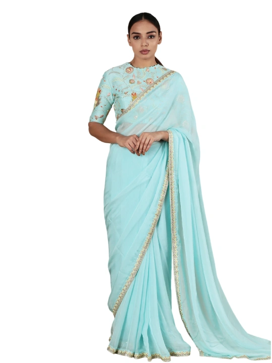 light blue Embroidered Thread Work Hem Saree With Blouse