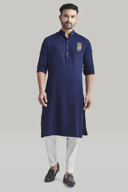 Dark Blue Embroidered Kurta and Pants Set
