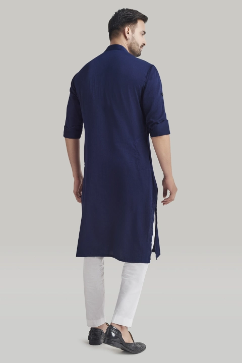 Dark Blue Embroidered Kurta and Pants Set