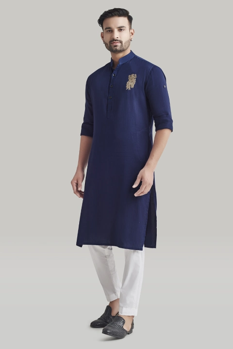 Dark Blue Embroidered Kurta and Pants Set