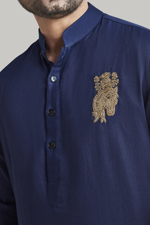 Dark Blue Embroidered Kurta and Pants Set
