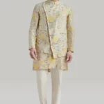 Ivory Printed Assymetric Nehru Jacket