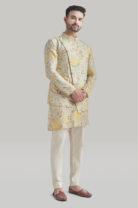 Ivory Printed Assymetric Nehru Jacket