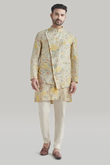 Ivory Printed Assymetric Nehru Jacket