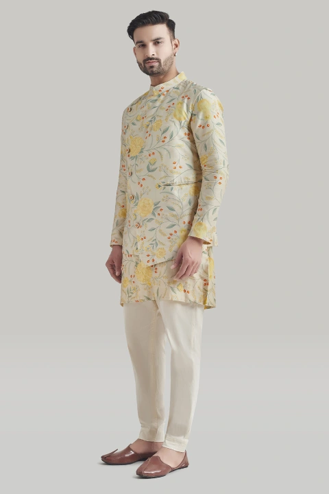 Ivory Printed Assymetric Nehru Jacket