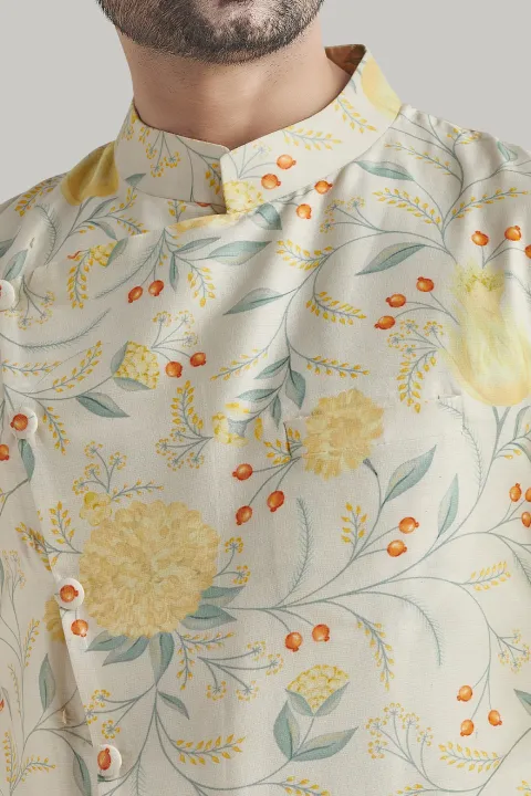 Ivory Printed Assymetric Nehru Jacket