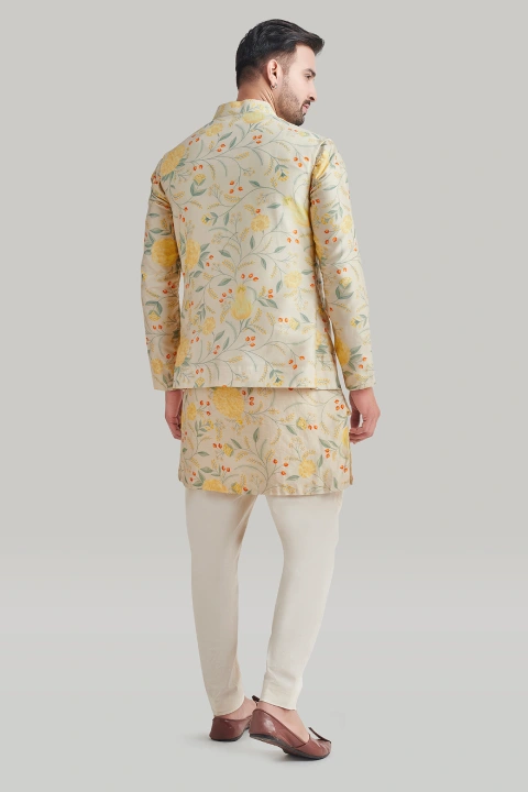 Ivory Printed Nehru Jacket, Printed Kurta and Pants