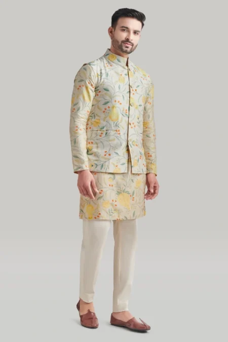 Ivory Printed Nehru Jacket, Printed Kurta and Pants