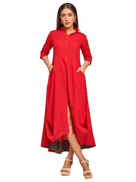 Red drape dress with contrast detail