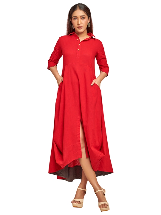 Red drape dress with contrast detail