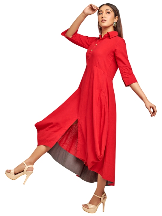 red drape dress with contrast detail