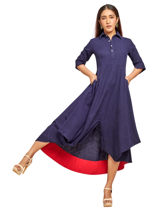 Dark blue drape dress with contrast detail