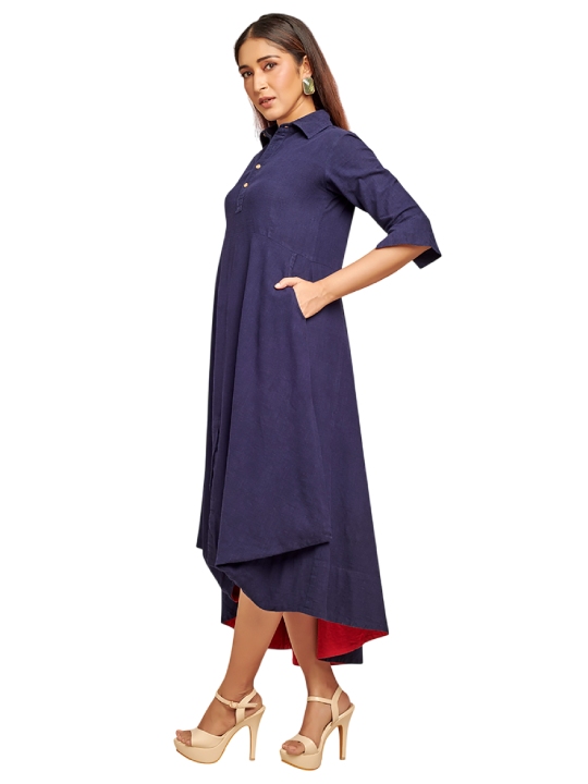 Dark blue drape dress with contrast detail