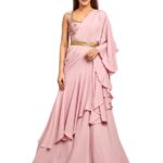 Mauve ruffled embroidered drape saree set
