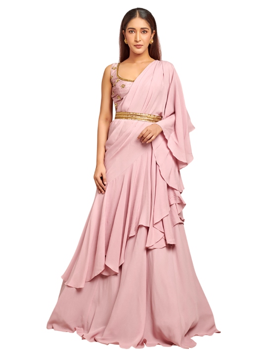 Mauve ruffled embroidered drape saree set