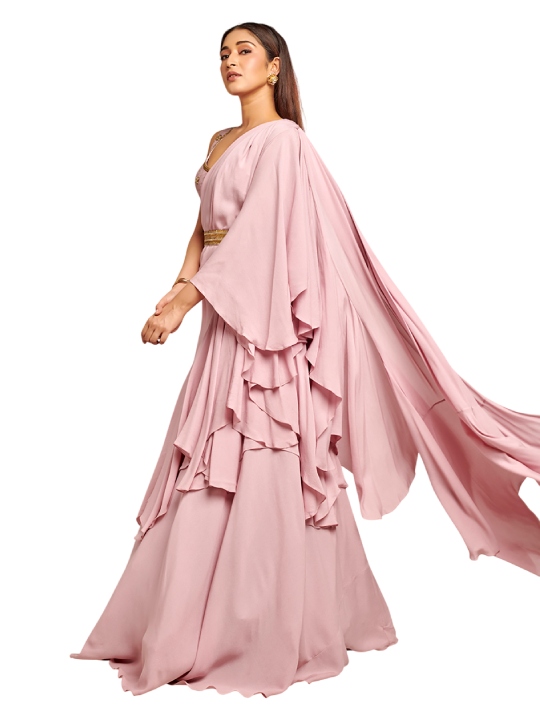 Mauve ruffled embroidered drape saree set