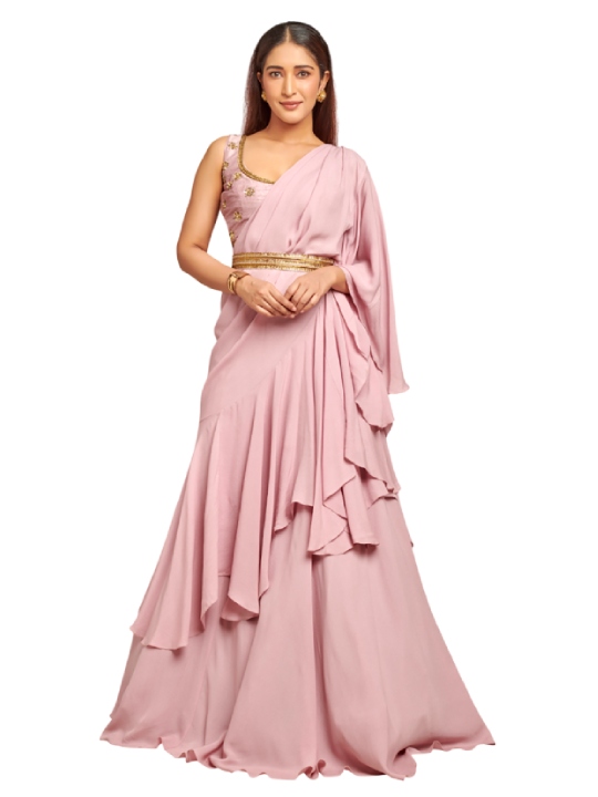 Mauve ruffled embroidered drape saree set