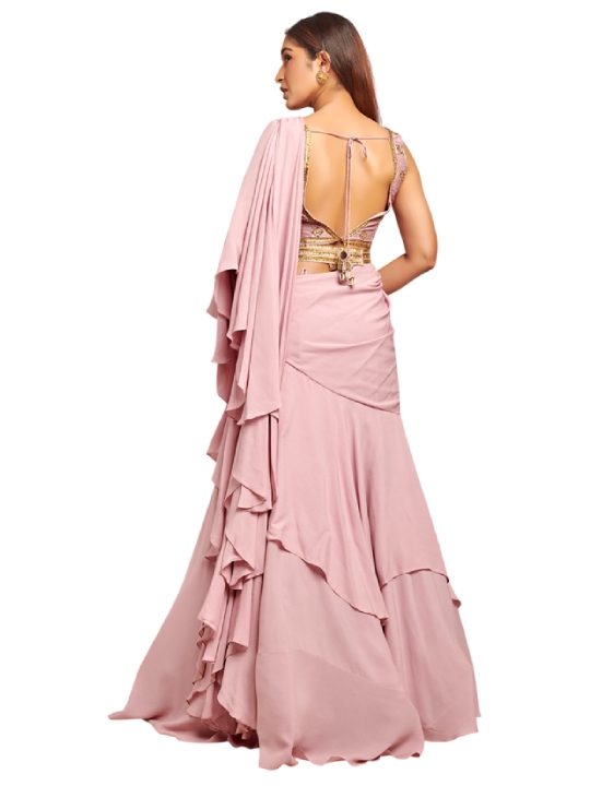 Mauve ruffled embroidered drape saree set