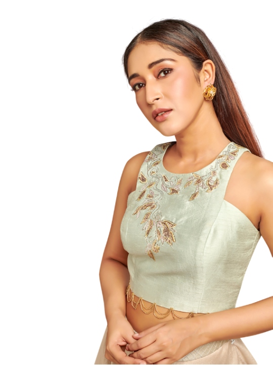 Mint Silk Layered Lehenga Set