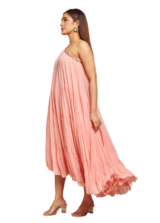 Peach ruffled one shoulder dress