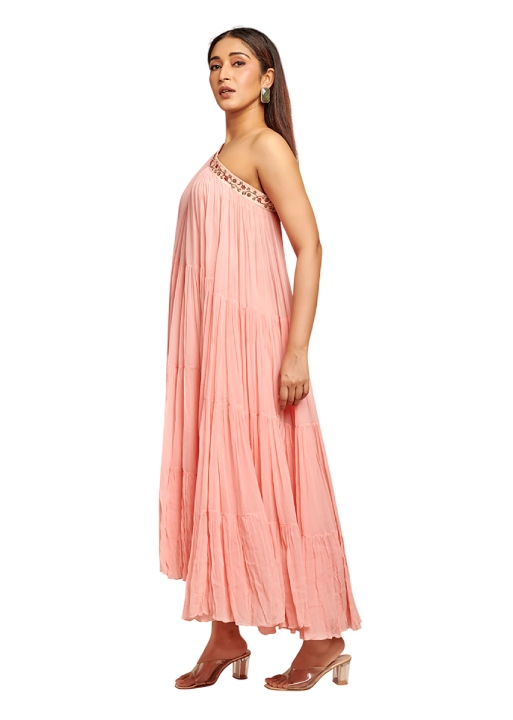 Peach ruffled one shoulder dress