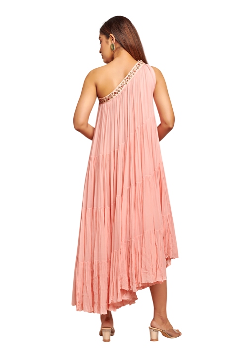 Peach ruffled one shoulder dress