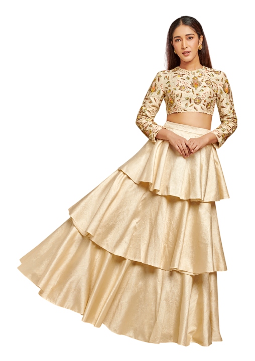 Ivory Silk Layered Lehenga Set