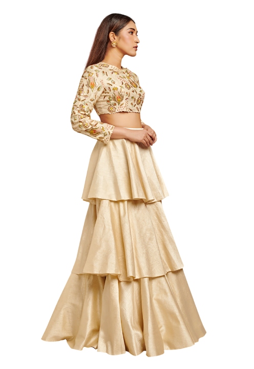 Ivory Silk Layered Lehenga Set
