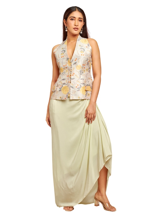 ivory printed top with drape skirt