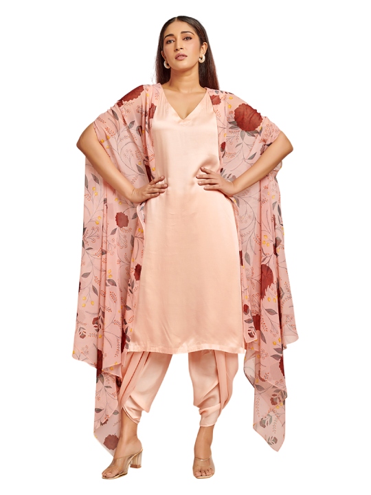 Peach Suit Set with Printed Cape Set